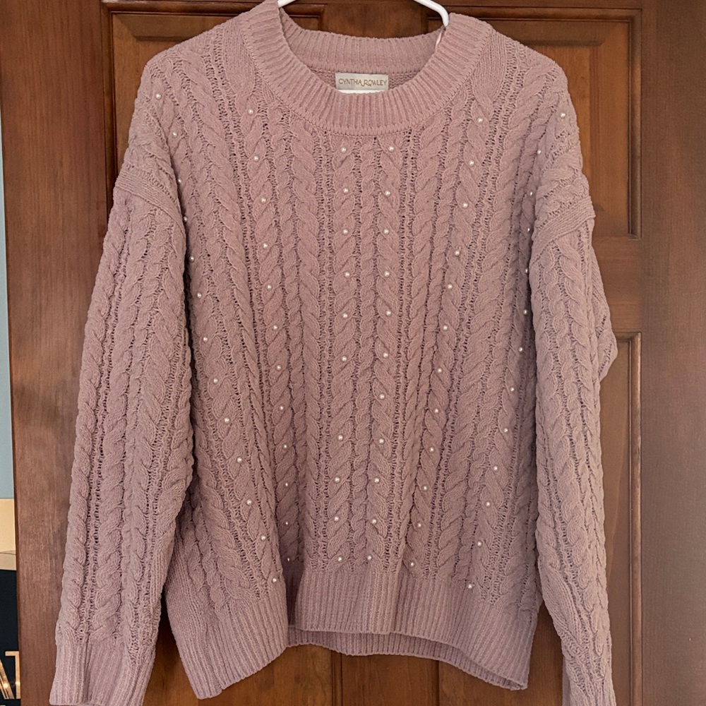 Women's Pink Sweater with White Pearl Accents